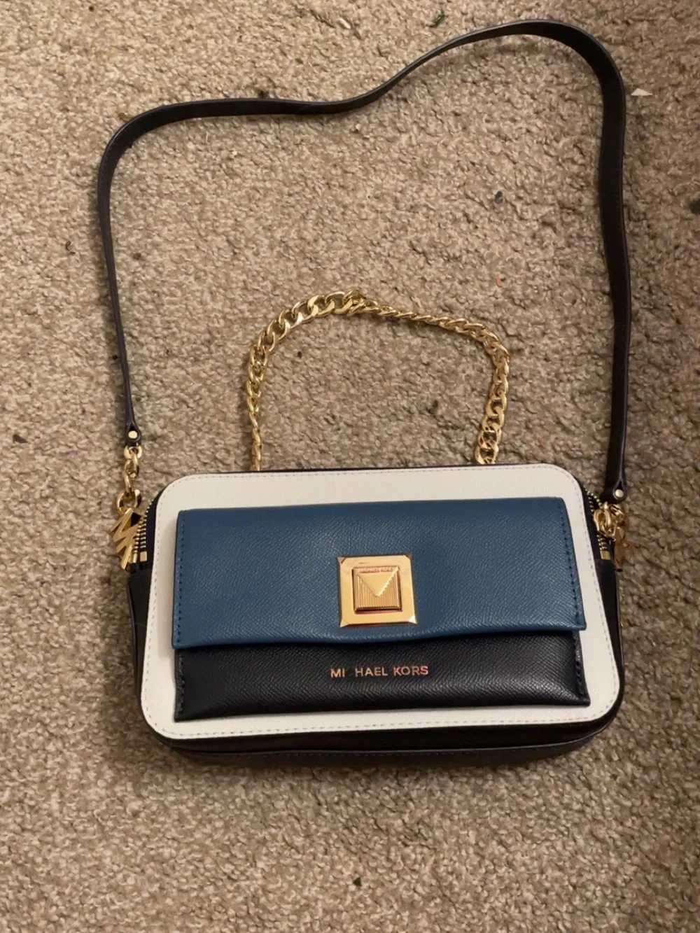 Michael Kors Tri-Tone Leather Crossbody in Blue, White & Black